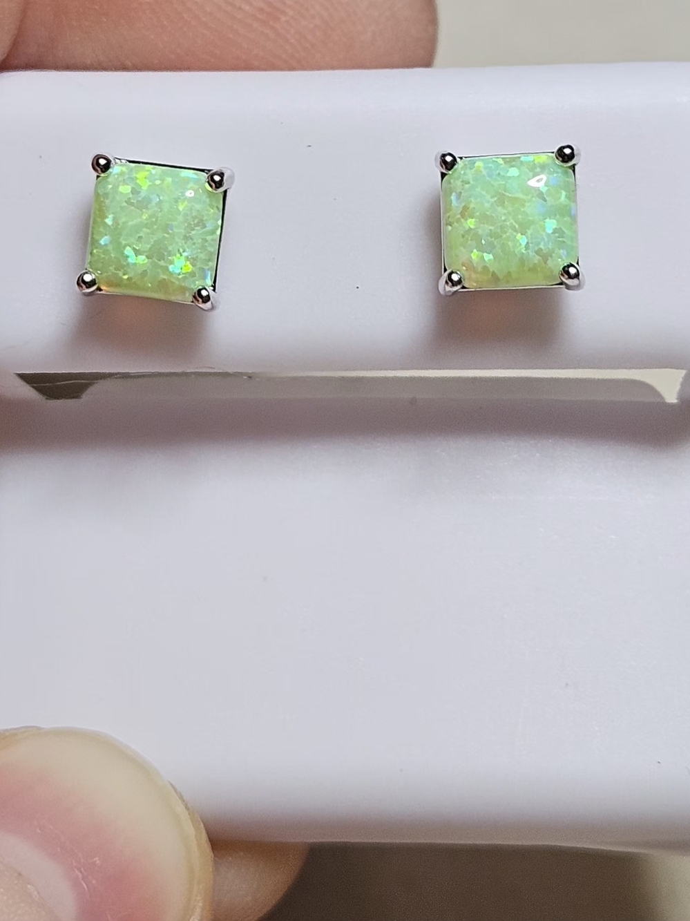 Green Natural Opal Square Stud Earrings - 925 Sterling Silver - Picture 2 of 11